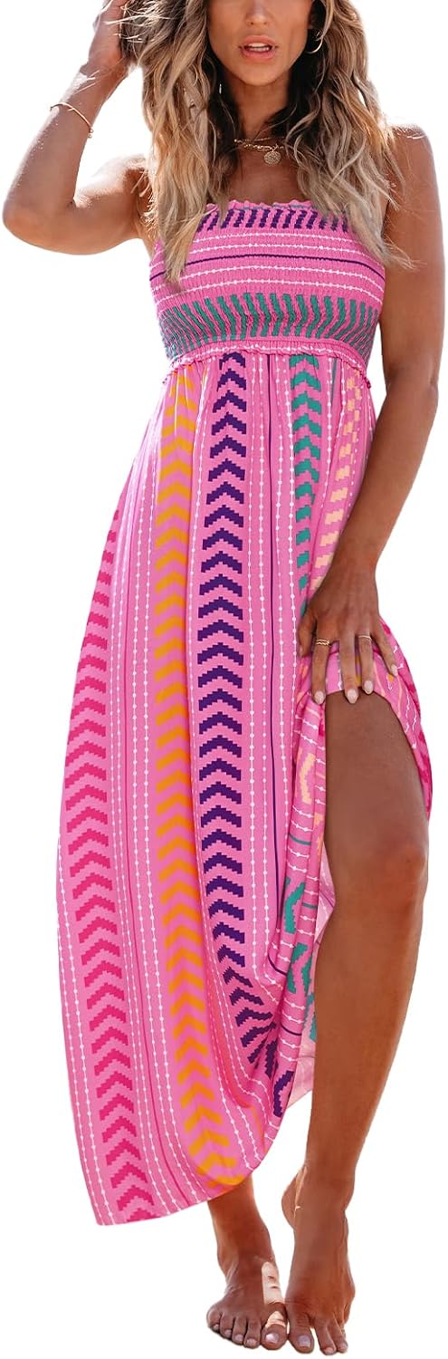 Women's boho smocked sleeveless dress with thin straps and ruffle hem in [color], styled for casual summer beach wear — view 1