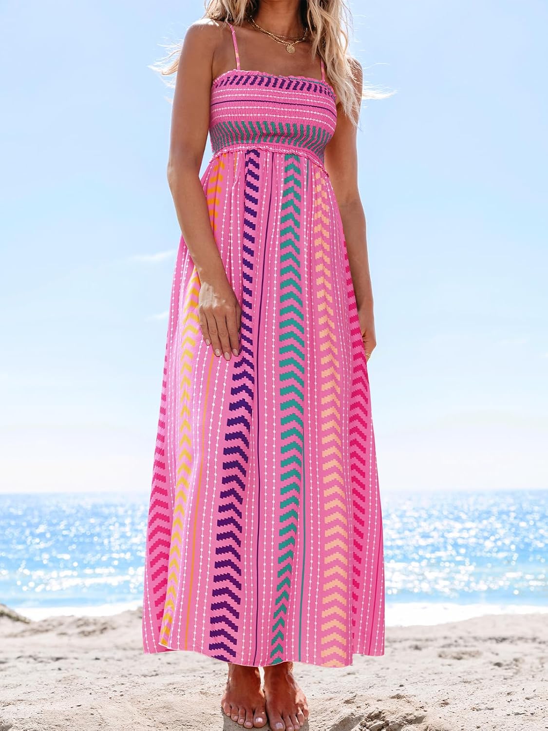 Women's boho smocked sleeveless dress with thin straps and ruffle hem in [color], styled for casual summer beach wear — view 2