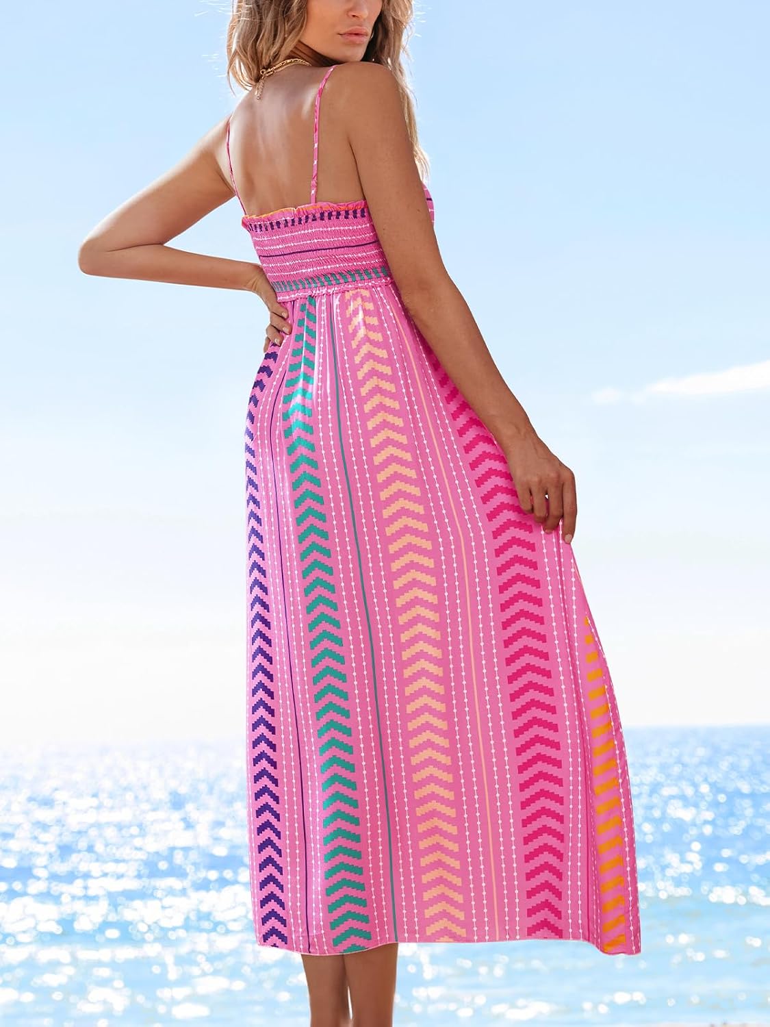 Women's boho smocked sleeveless dress with thin straps and ruffle hem in [color], styled for casual summer beach wear — view 3
