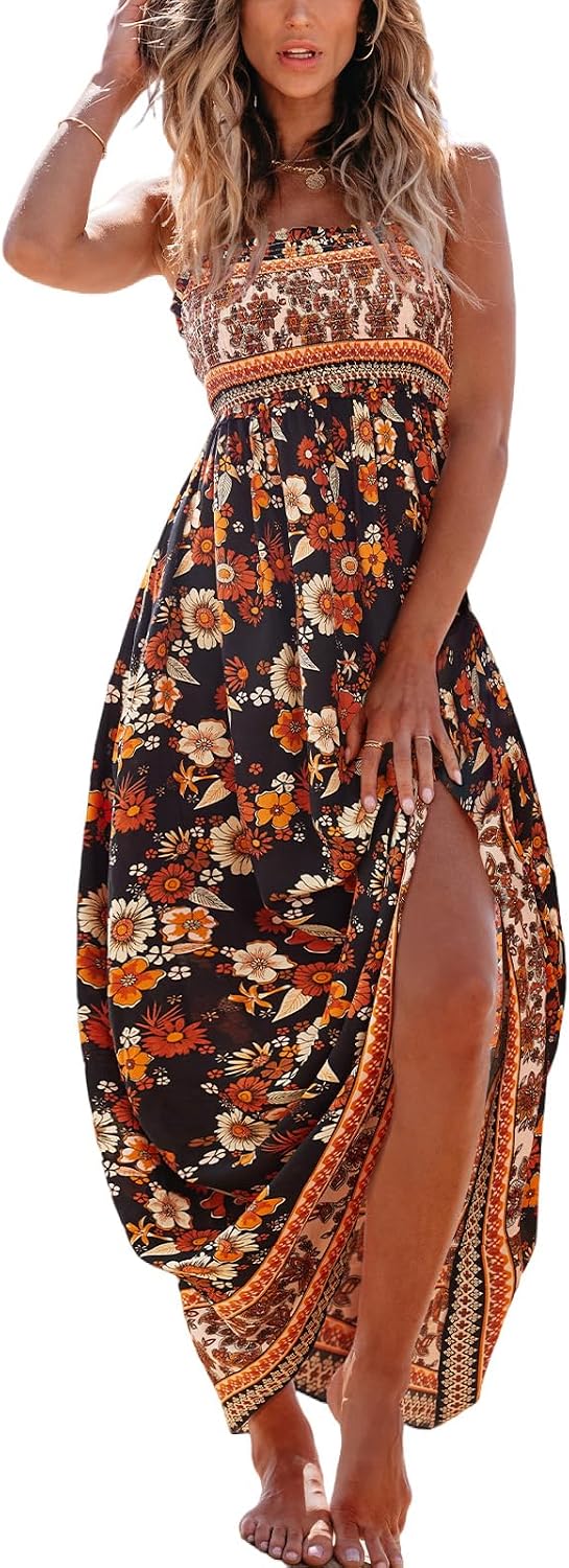 Women's boho smocked sleeveless dress with thin straps and ruffle hem in [color], styled for casual summer beach wear — view 3