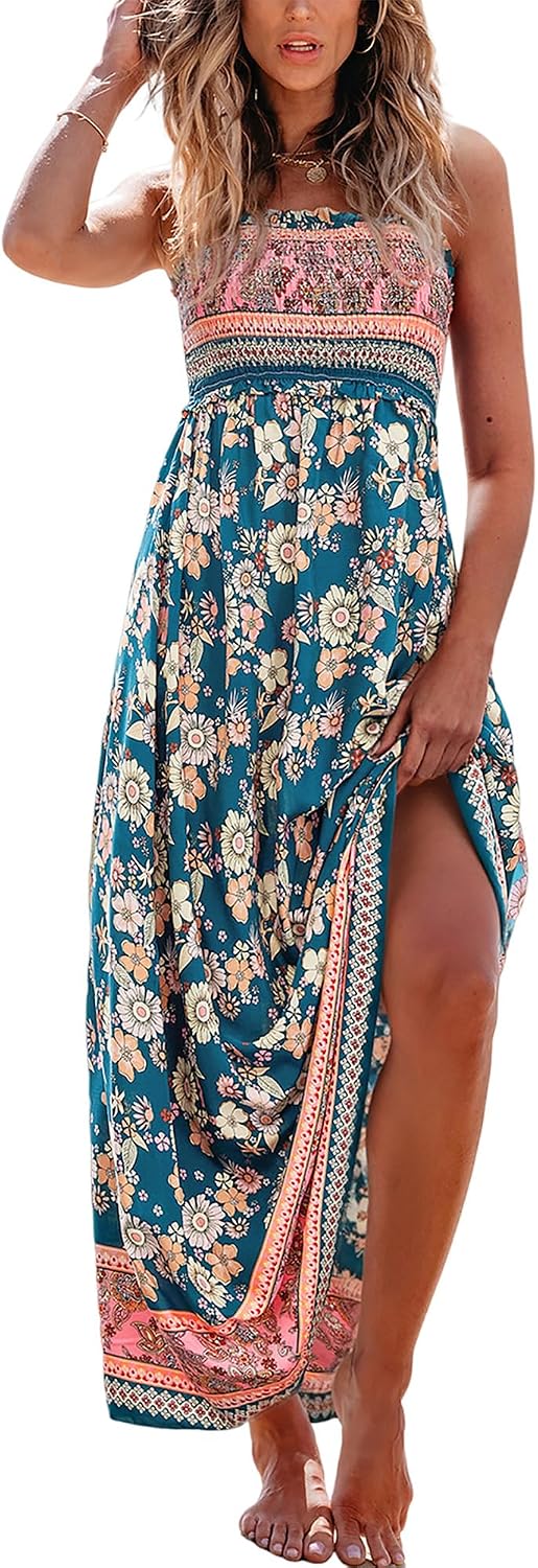 Women's boho smocked sleeveless dress with thin straps and ruffle hem in [color], styled for casual summer beach wear — view 4