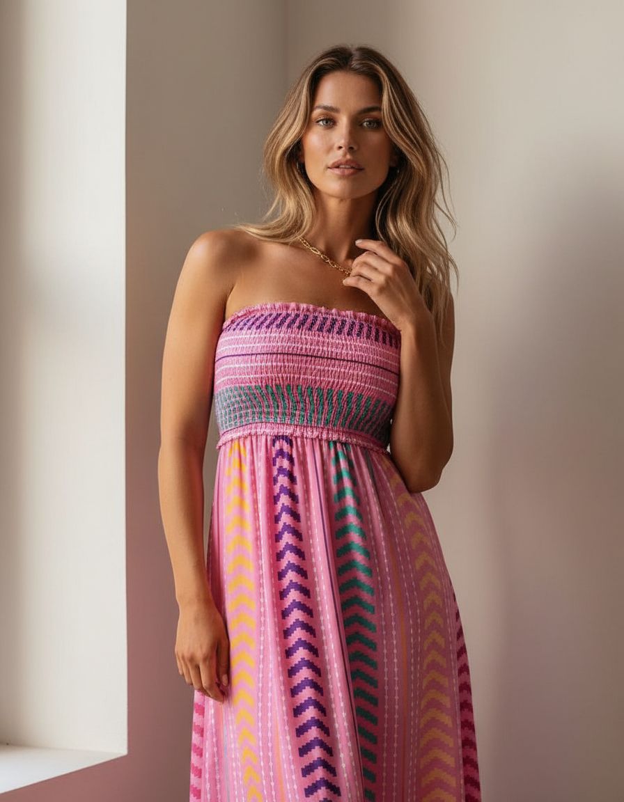 Women's boho smocked sleeveless dress with thin straps and ruffle hem in [color], styled for casual summer beach wear — view 7b