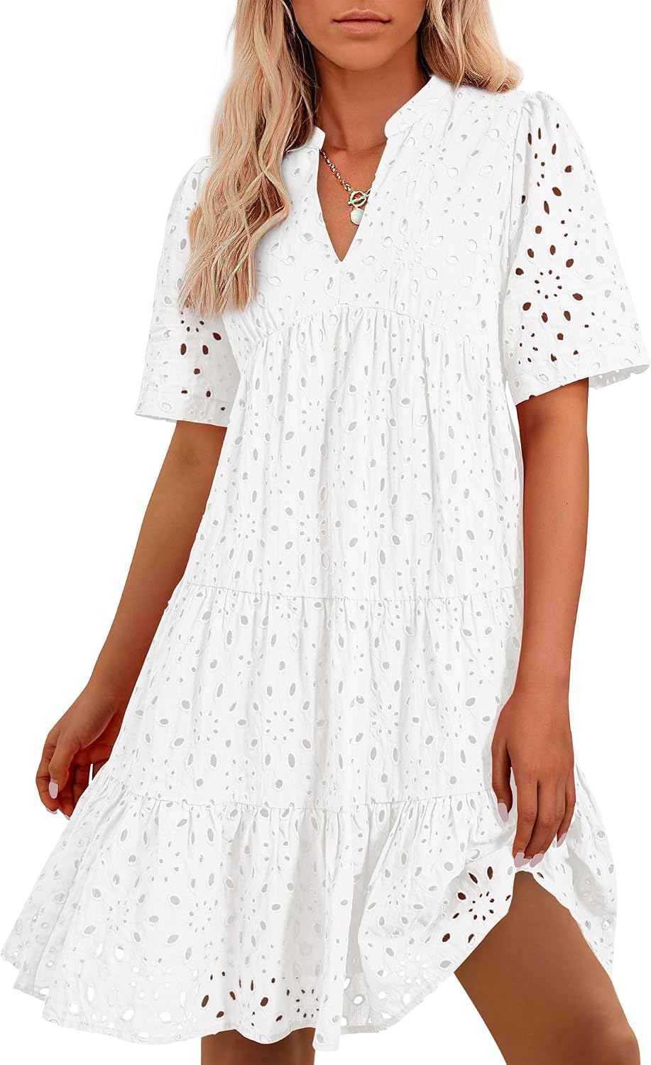 Women's eyelet boho summer dress in [color] worn at beach, casual vacation style — view 1