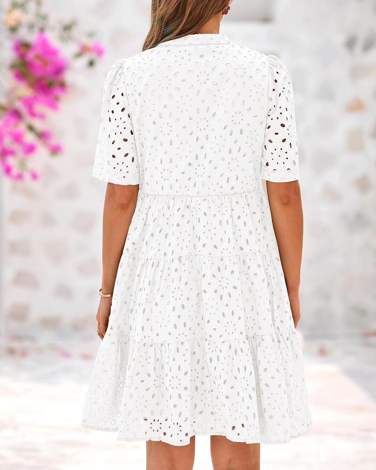 Women's eyelet boho summer dress in [color] worn at beach, casual vacation style — view 3