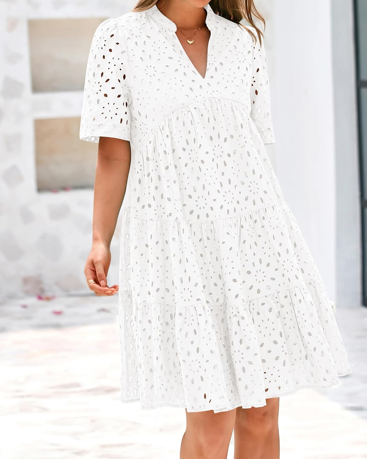 Women's eyelet boho summer dress in [color] worn at beach, casual vacation style — view 5