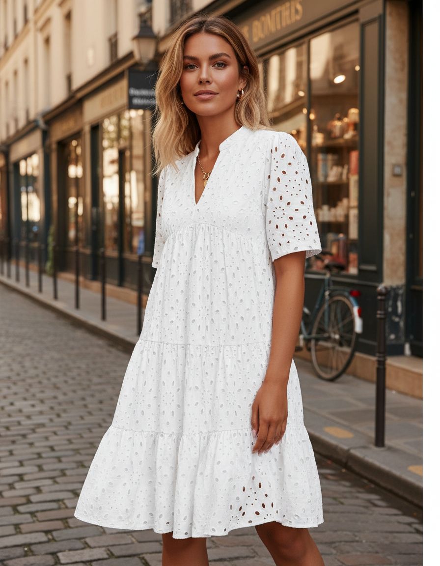 Women's eyelet boho summer dress in [color] worn at beach, casual vacation style — view 3b