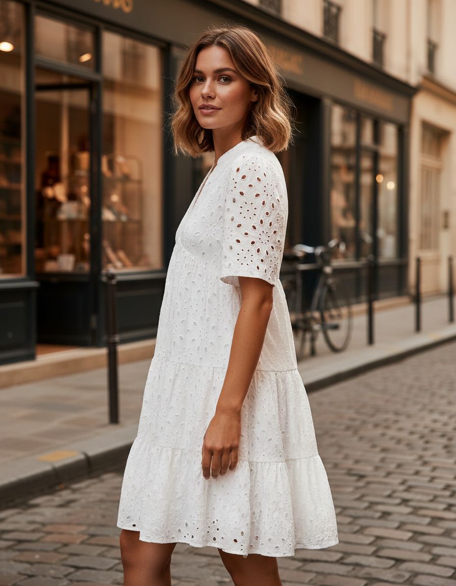Women's eyelet boho summer dress in [color] worn at beach, casual vacation style — view 5b