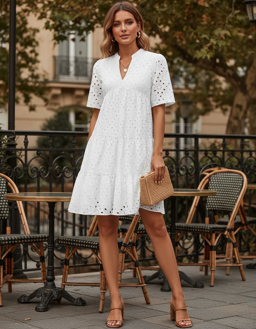 Women's eyelet boho summer dress in [color] worn at beach, casual vacation style — view 5a