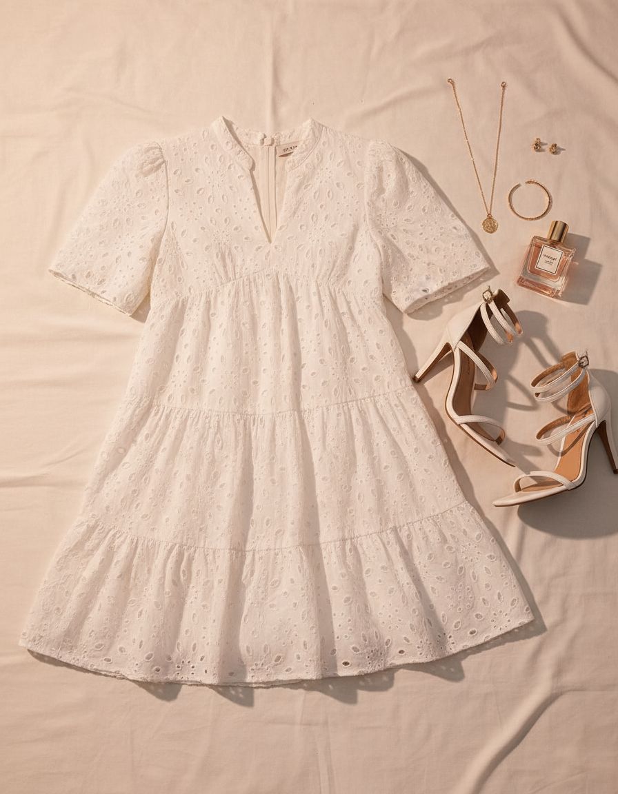 Women's eyelet boho summer dress in [color] worn at beach, casual vacation style — view 7a
