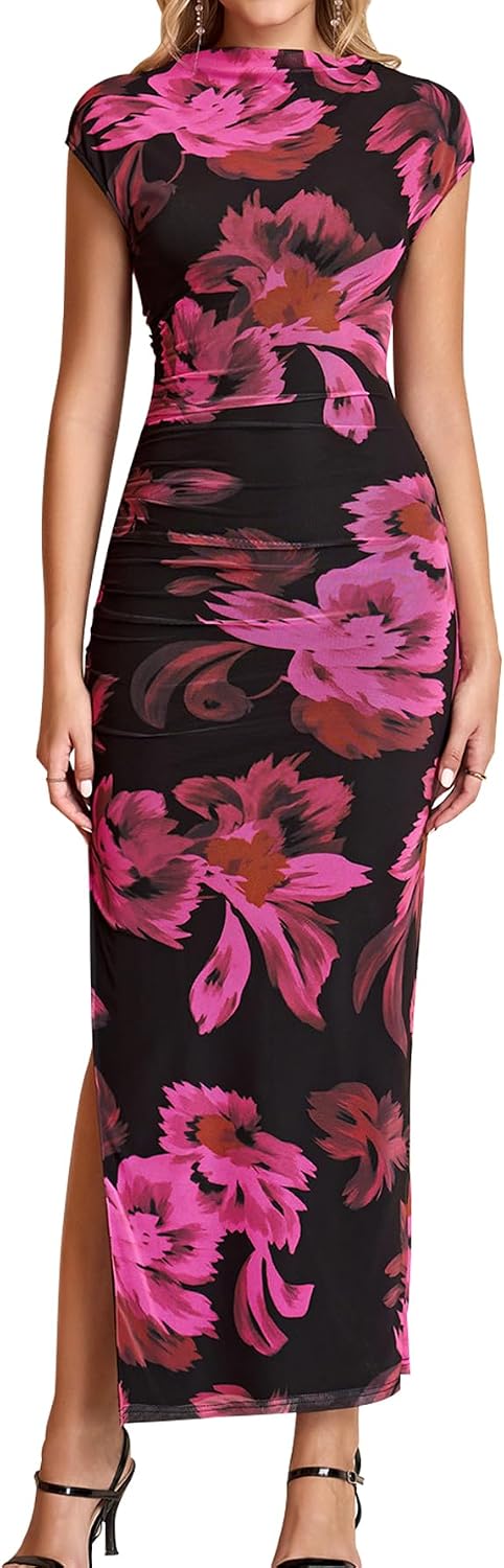 Floral ruched bodycon maxi dress in [color] worn as wedding guest outfit — view 4