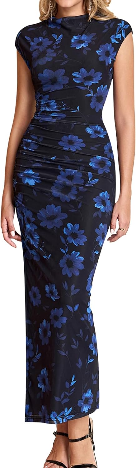 Floral ruched bodycon maxi dress in [color] worn as wedding guest outfit — view 5