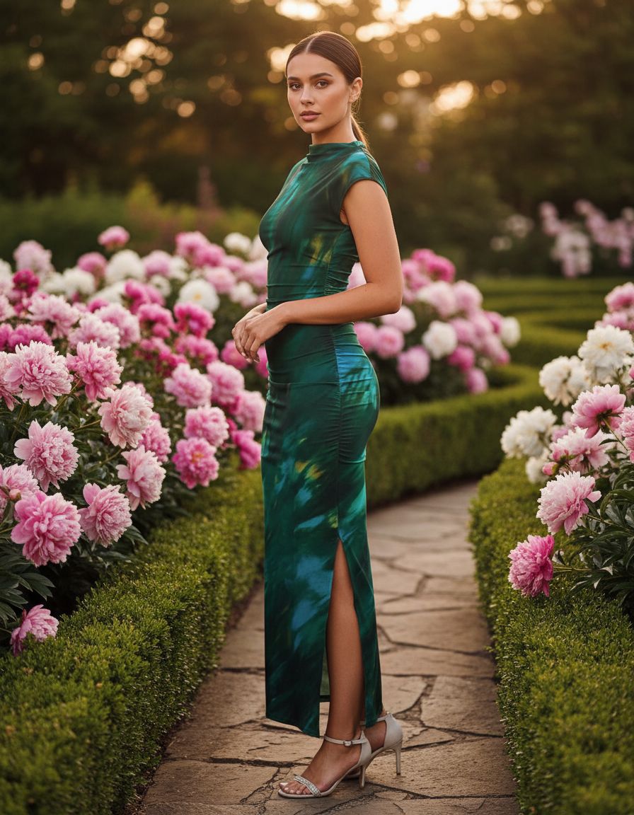 Floral ruched bodycon maxi dress in [color] worn as wedding guest outfit — view 5b