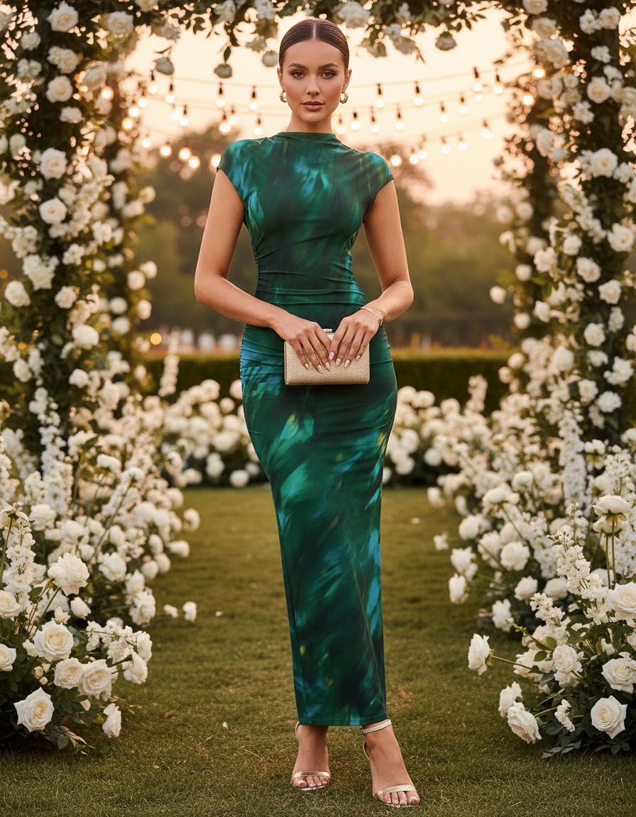 Floral ruched bodycon maxi dress in [color] worn as wedding guest outfit — view 5a