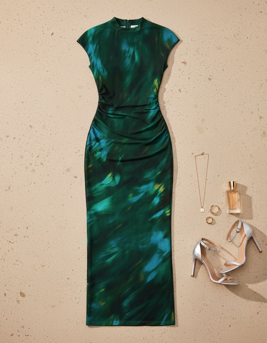 Floral ruched bodycon maxi dress in [color] worn as wedding guest outfit — view 7a