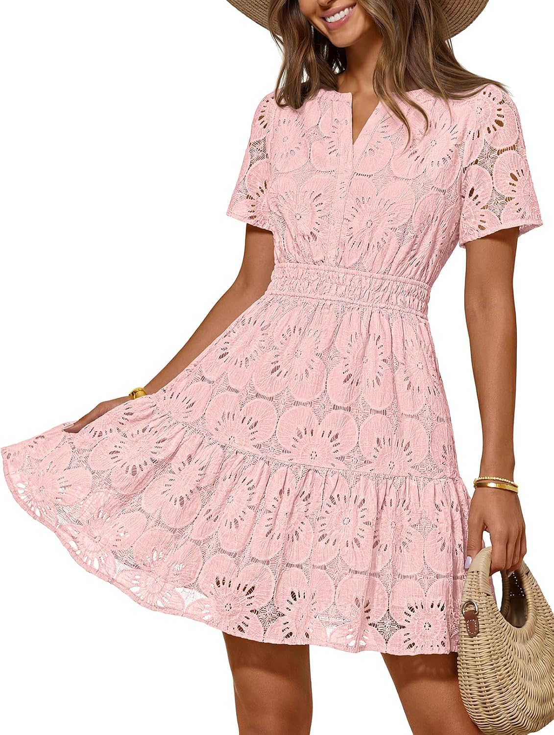 Women's eyelet lace boho dress in [color] with floral pattern, styled for summer beach wear — front