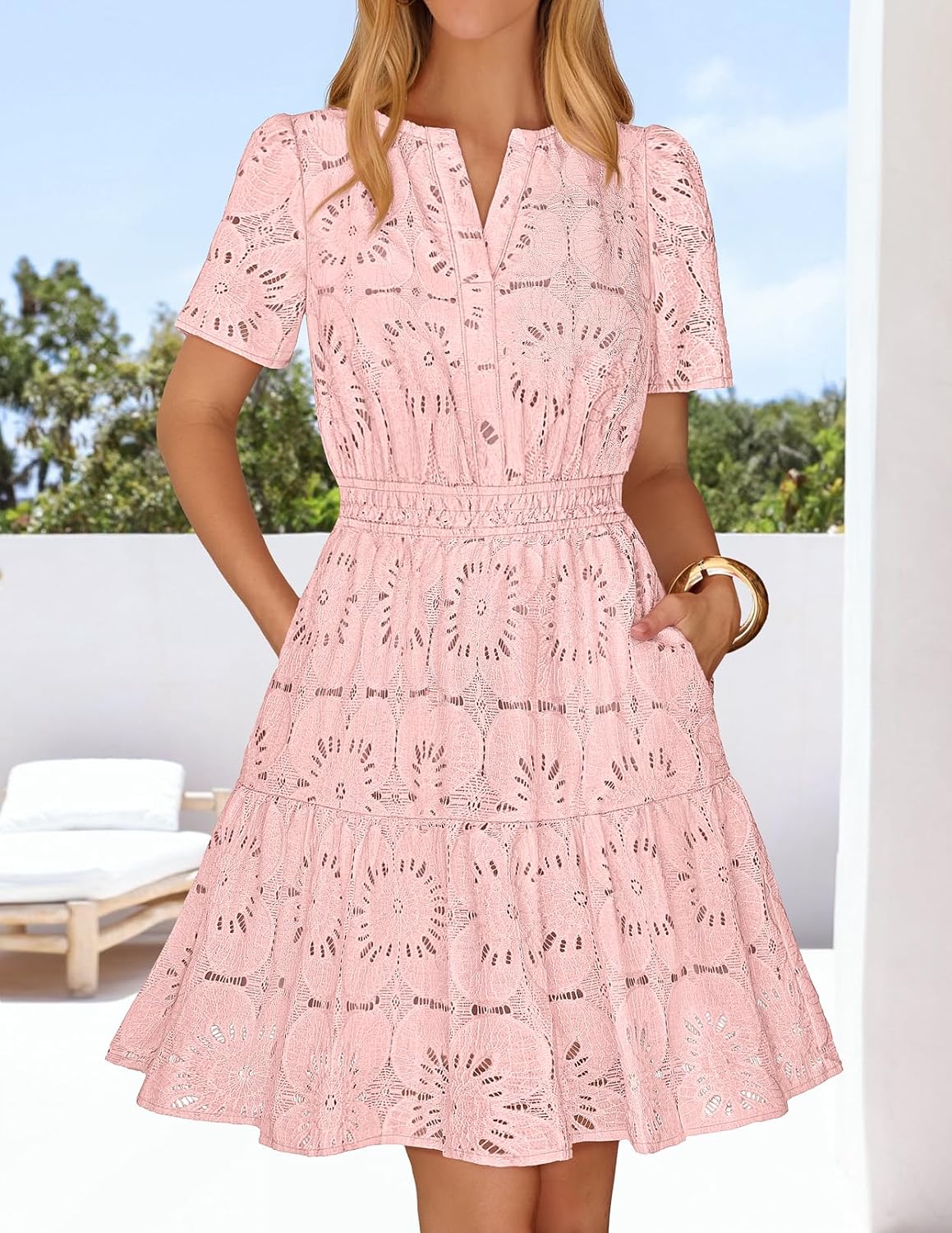 Women's eyelet lace boho dress in [color] with floral pattern, styled for summer beach wear — side