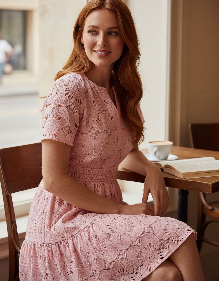 Women's eyelet lace boho dress in [color] with floral pattern, styled for summer beach wear — view 2
