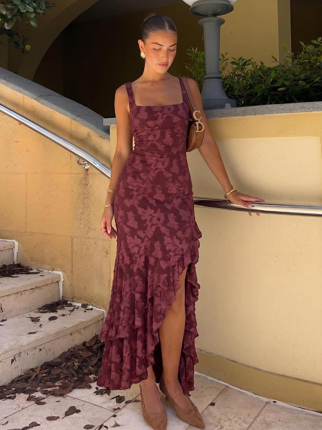 Elegant ruched floral maxi dress in [color] for wedding guests, featuring romantic draping and formal design — detail