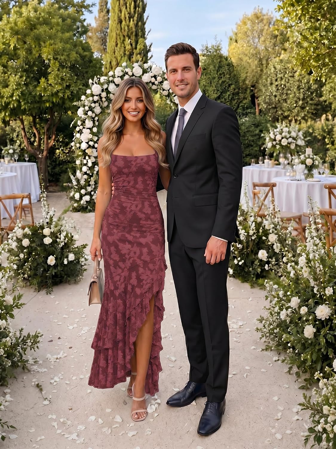 Elegant ruched floral maxi dress in [color] for wedding guests, featuring romantic draping and formal design — view 2