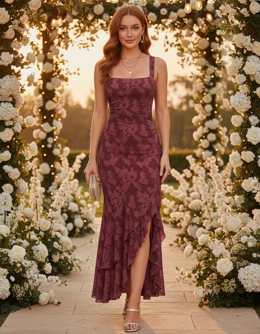 Elegant ruched floral maxi dress in [color] for wedding guests, featuring romantic draping and formal design — view 5a